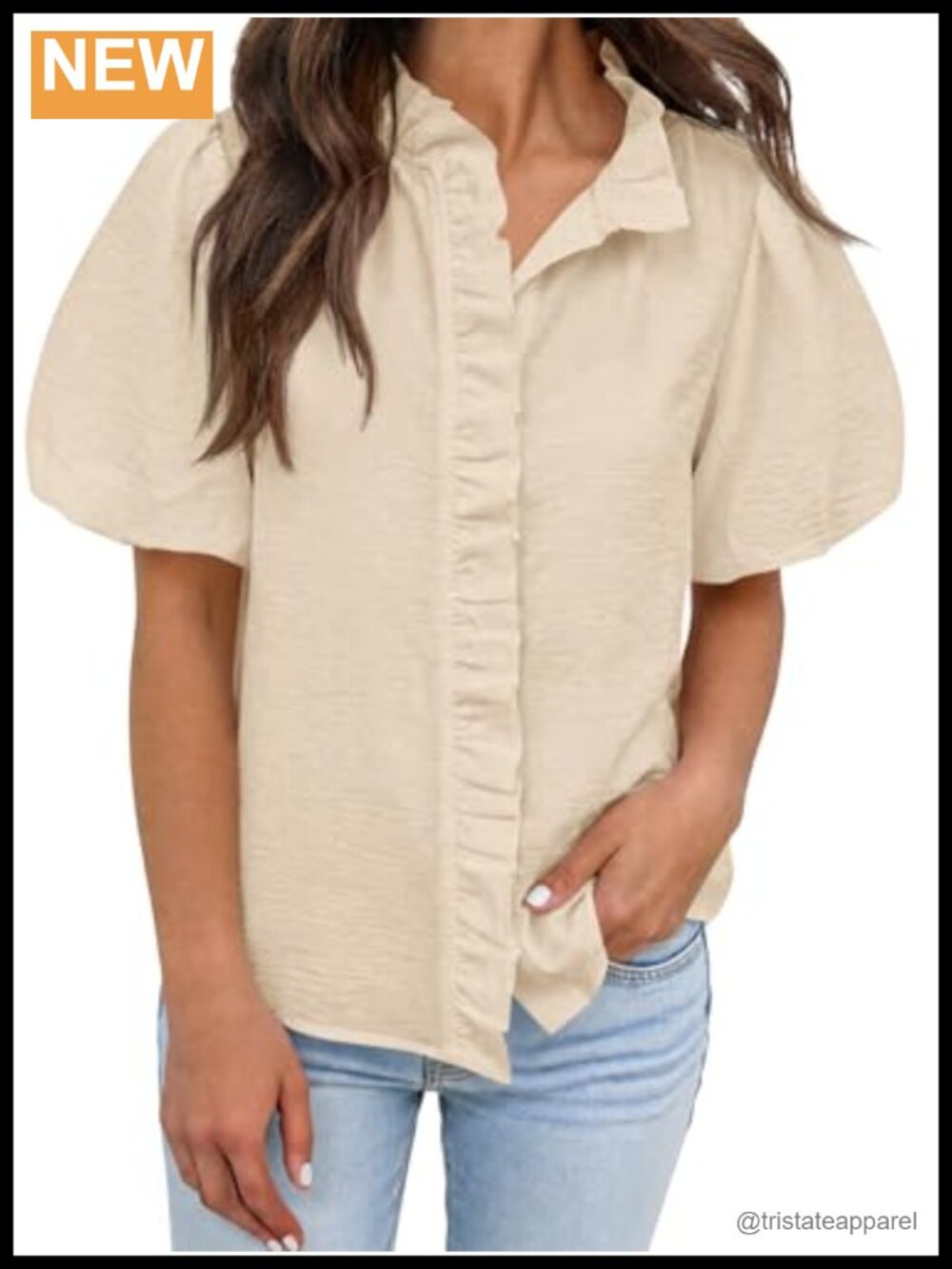 Womens Puff Sleeve Button Down Striped Blouse Ruffle Collar